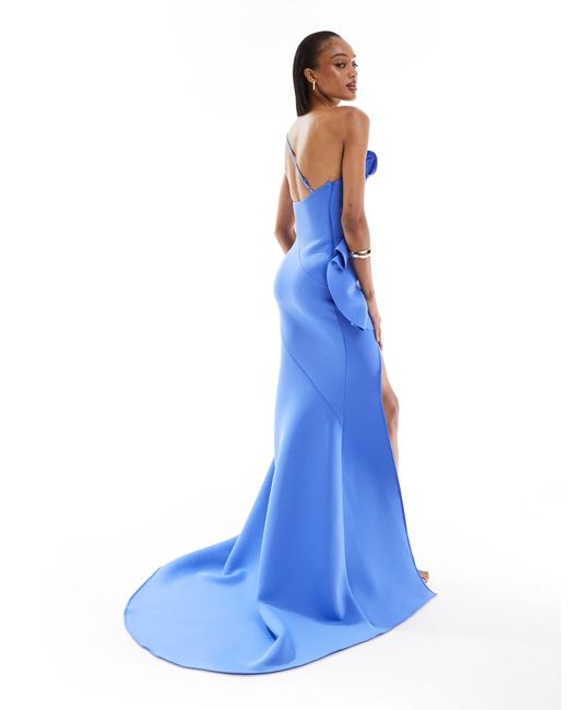 Long Sleeve Formal Dresses ASOS DESIGN Bandeau Ruffle Midi Pencil Dress In Blue  ASOS