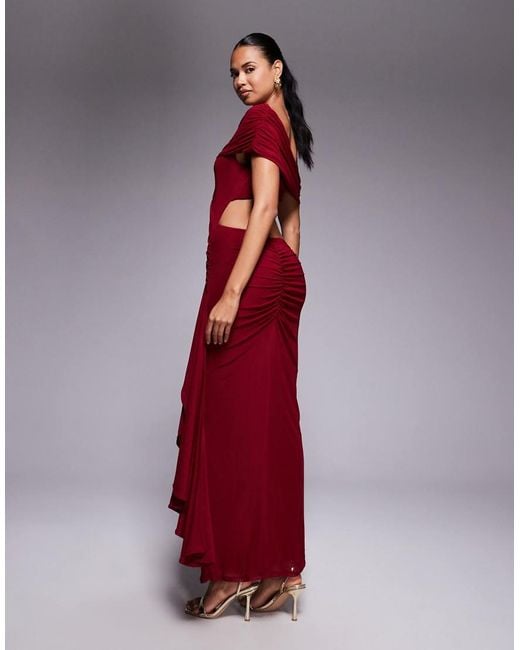 ASOS Gerimpelde Midi-Jurk Van Mesh Met Blote Schouders En Sjerp Met Ruches in het Red