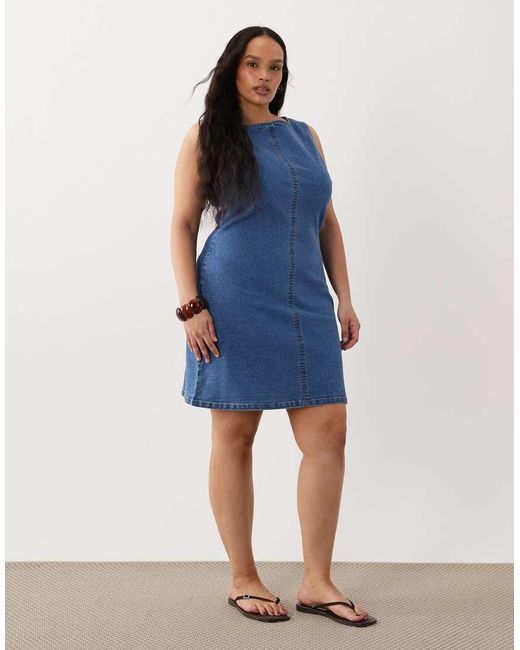ASOS Blue Asos Design Curve Denim Slash Neck Bodycon Mini Dress