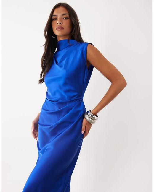 ASOS Blue Satin High Neck Pleated Bodice Midi Dress