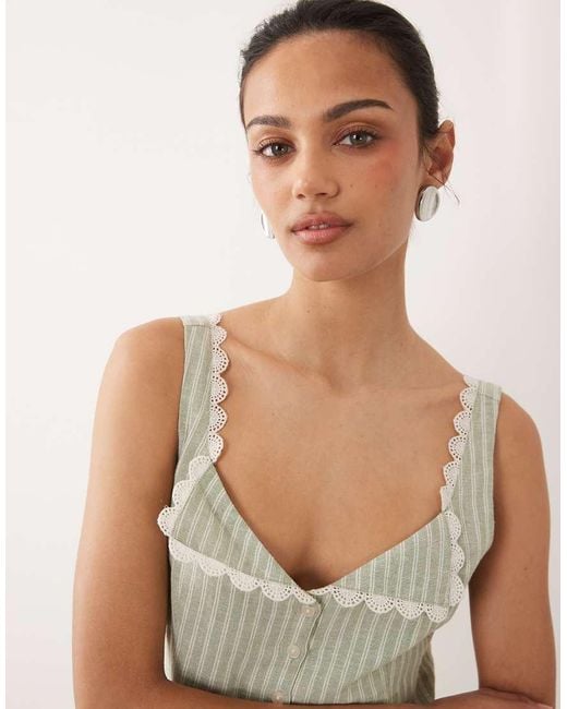 Abercrombie & Fitch Green Linen Blend Cami Top With Scallop Edge