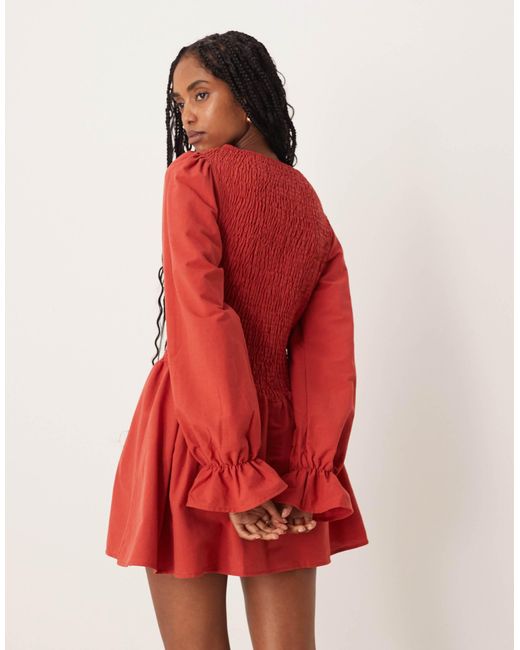 ASOS Red Linen Blend Shir Mini Dress