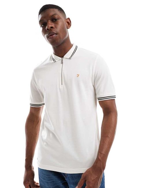 Farah White Netton Short Sleeve Zip Neck Tipped Polo Shirt for men