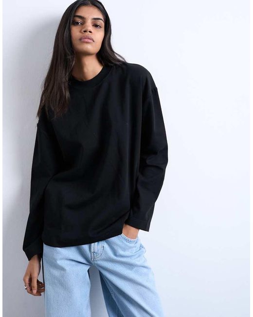 TOPSHOP Black Premium Interlock Long Sleeve Skater Tee