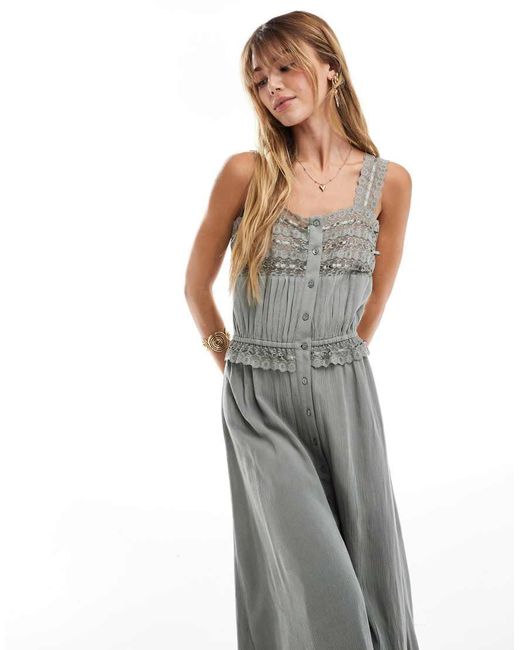 Miss Selfridge Gray Crinkle Lace Insert Strappy Maxi Dress