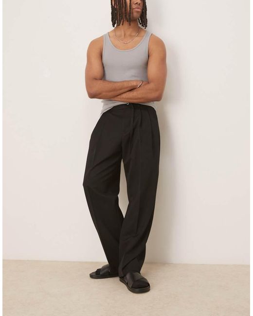 Pantalones De Vestir Negros De Pernera Ancha Con Cinturón Estrecho, Pinzas Dobles Y Cintura Elástica De ASOS de hombre de color Natural
