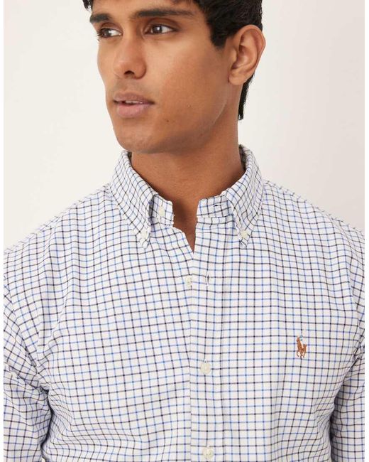 Camicia Oxford Custom Fit Bianca E Blu A Quadri Con Icona Del Logo di Polo Ralph Lauren in White da Uomo