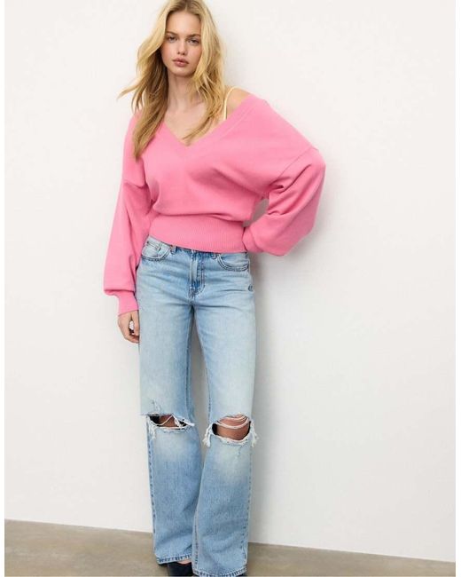 Stradivarius Pink V-neck Batwing Sleeve Jumper