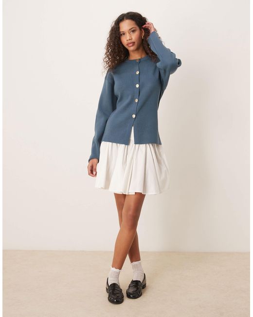 ASOS Blue Knitted Structured Crew Neck Cardigan With Gold Buttons