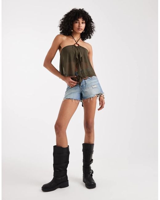 Miss Selfridge Brown O Ring Ruffle Split Front Top