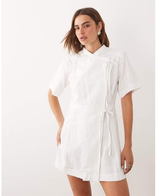Ghospell White Jacquard Short Sleeve Wrap Bow Detail Mini Dress
