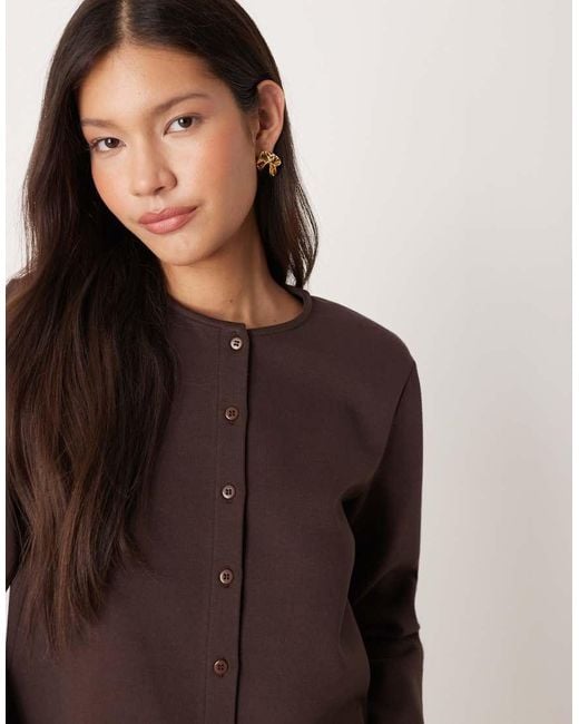 ASOS Brown Shoulder Pad Button Through Interlock Boxy Top