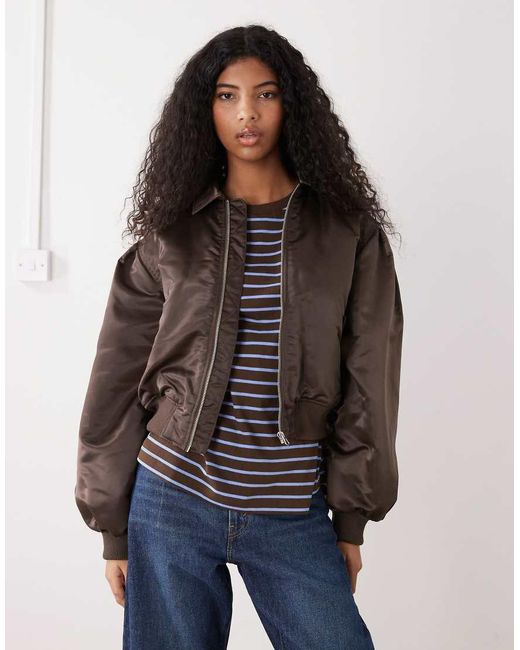 Monki Blue Ruched Back Bomber Jacket