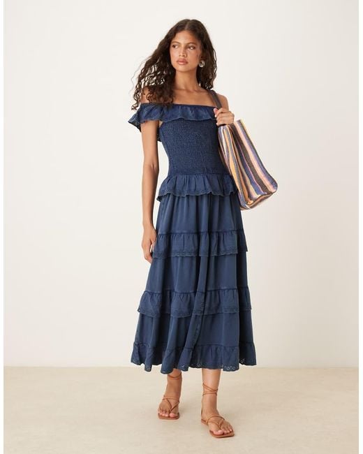 ASOS Blue Premium Shirred Bodice With Ruffle Broderie Detail Maxi Dress