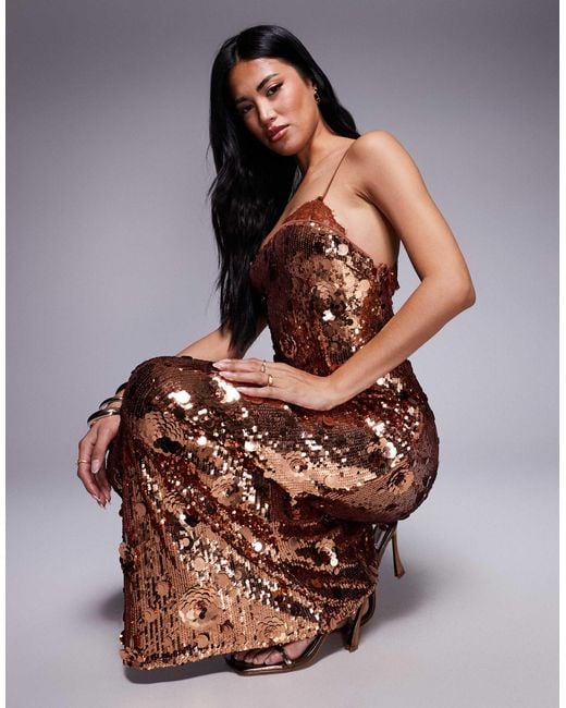ASOS Brown Sequin Lace Trim Cami Maxi Dress With 3D Embellishment