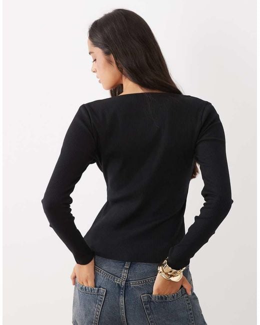 ASOS Black Sculpting Rib Button Through Top With Lace Underlayer