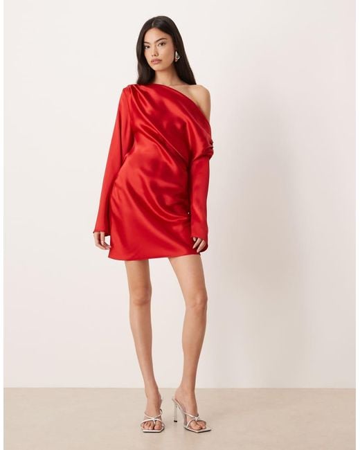 ASOS Red Satin Drape Long Sleeve Off Shoulder Mini Dress