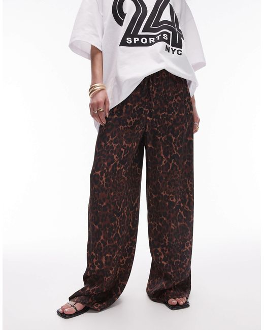 Pantalon droit noué à la taille en satin - léopard foncé TOPSHOP en coloris White