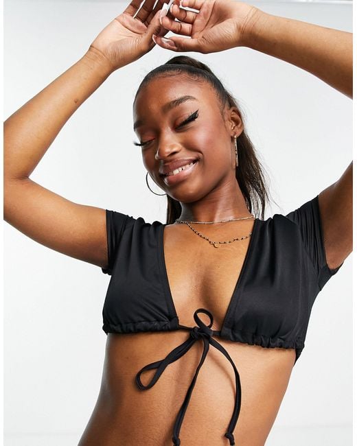 Missguided Black Tie Front T-shirt Bikini Top With Plunge Neck