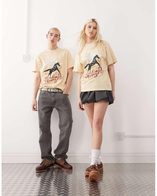 Camiseta Amarillo Pastel Extragrande Con Estampado Gráfico De Caballo De Estilo Wéstern De -Neutro Reclaimed (vintage) de color Natural