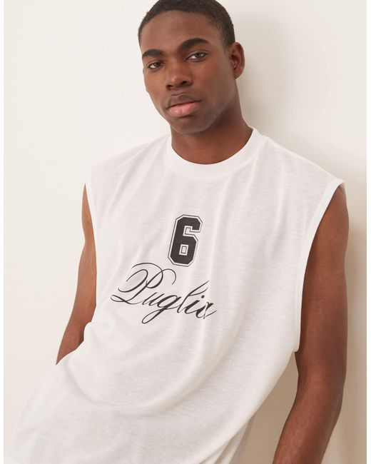 ASOS White Boxy Oversized Linen Look Tank With Text Graphic for men