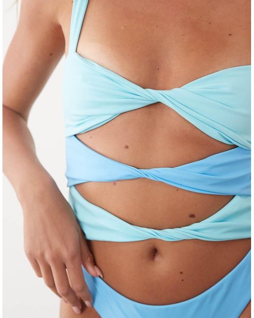Oh Polly Blue Twist Detail Strapless Swimsuit