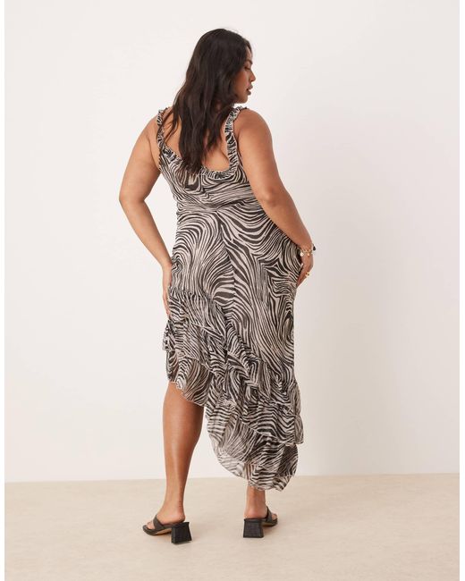ASOS Natural Asos design curve – gerüschtes midikleid mit animalprint, u-ausschnitt und asymmetrischem rüschensaum