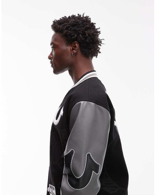 True Religion Black Patch Detail Varsity Bomber Jacket With Faux Leather Sleeves for men