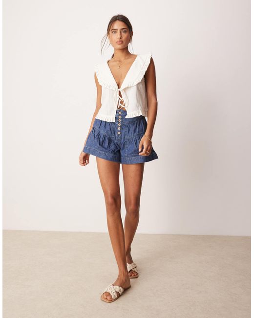 Free People Blue Fleur Tiered High Waist Denim Shorts