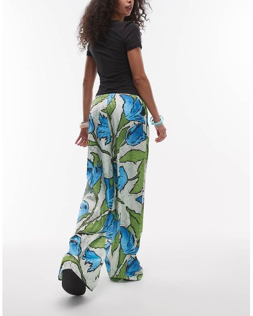 TOPSHOP And Blue Floral Pull On Satin Wide Leg Trouser