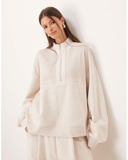 ASOS Natural Half Zip Sweatshirt With Waffle Panel Detail