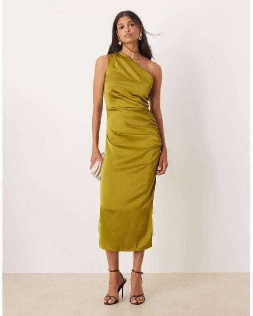 Mango Yellow One Shoulder Ruched Side Midi Dress