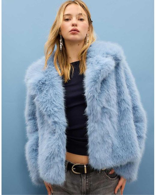 Stradivarius Blue Faux Fur Jacket With Lapel