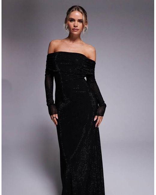 Forever New Black Slinky Hotfix Fold Over Bardot Maxi Dress