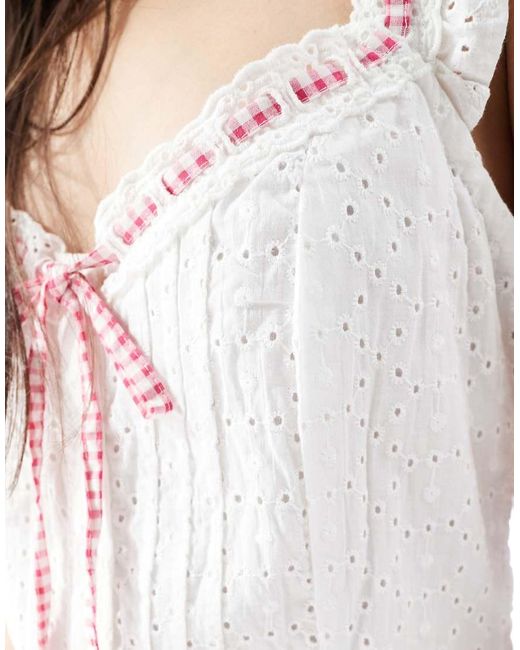 Miss Selfridge White Broderie Playsuit With Gingham Trim