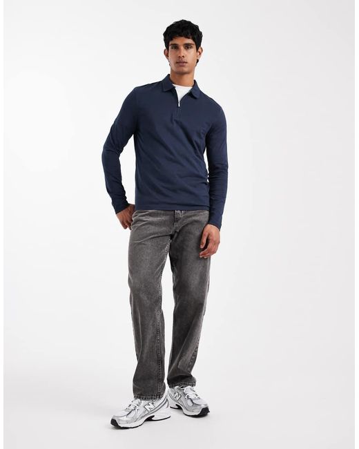 ASOS Blue Premium Supima Cotton Regular Fit Long Sleeve Polo for men
