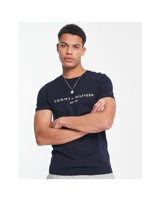 Camiseta azul marino con logo Tommy Hilfiger de hombre de color Azul | Lyst