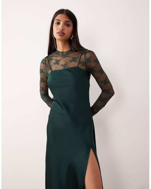 Robe nuisette hybride en dentelle et satin avec top à col montant - foncé Y.A.S en coloris Green