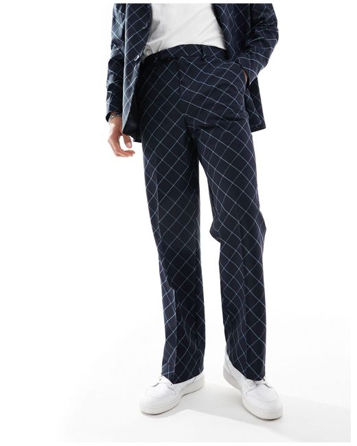 ASOS Blue Wide Leg Bias Cut Check Suit Trouser for men