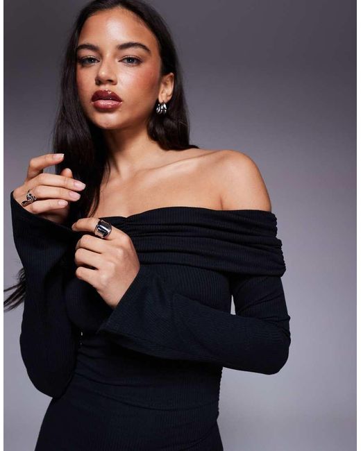 ASOS Blue Ribbed Ruched Bardot Mini Dress