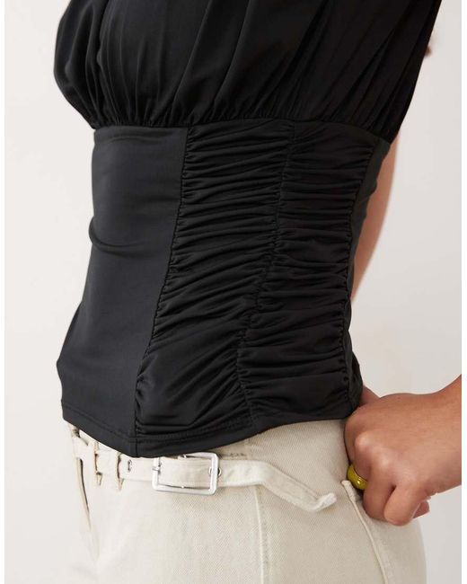ASOS Natural Ruched Waist Grown On Neck Shoulder Pad Top