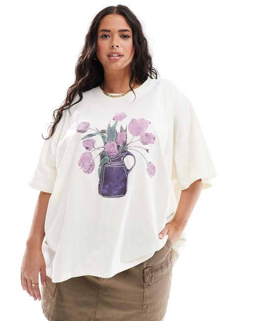 ASOS White Asos Design Curve Oversized T-shirt With Embroidered Tulip Graphic