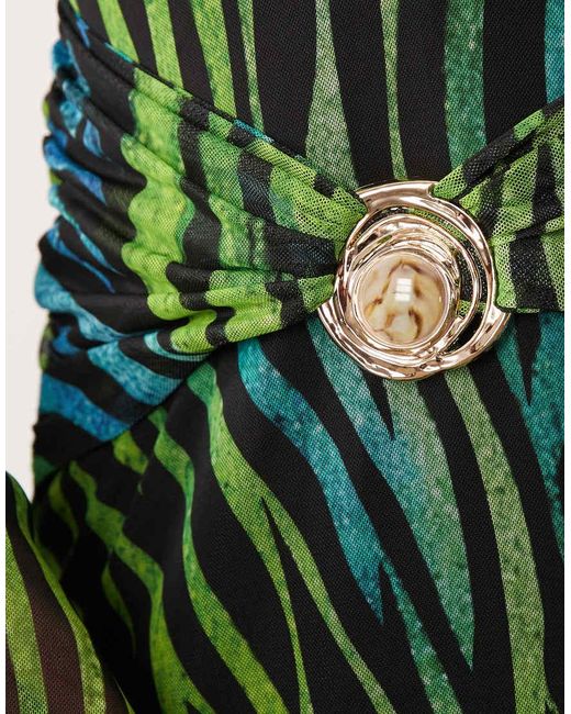 Kaiia Green Exclusive Plunge Long Sleeve Metal Hardware Detail Split Detail Maxi Dress