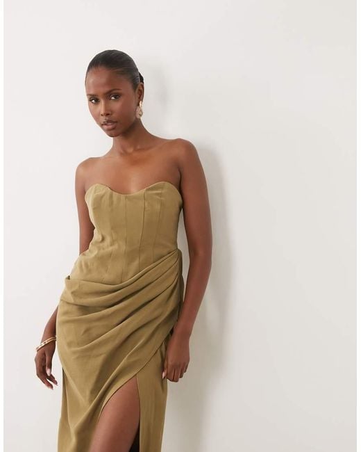ASOS Natural Bandeau Draped Midaxi Dress With Slit