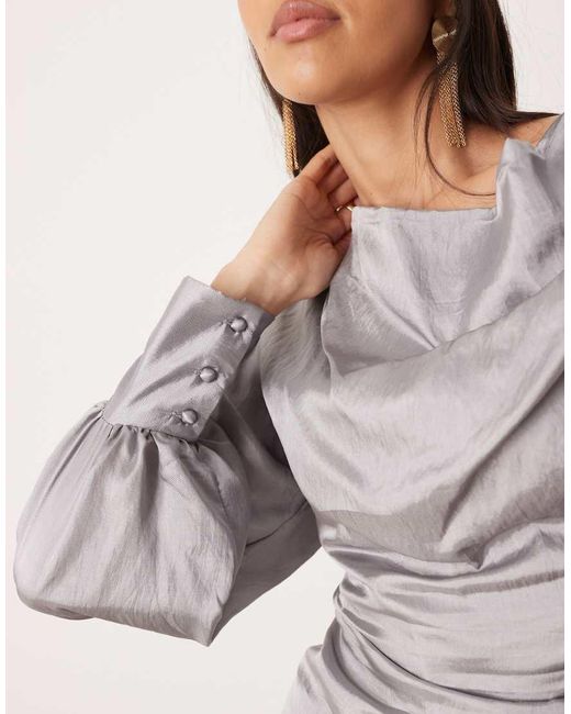 Ghospell Gray Balloon Sleeve Cowl Neck Top