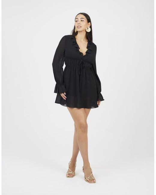 Brave Soul Black Frill Detail Ruched Mini Dress