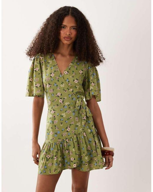 Wednesday's Girl Green Floral Wrap Detail Flutter Sleeve Mini Dress