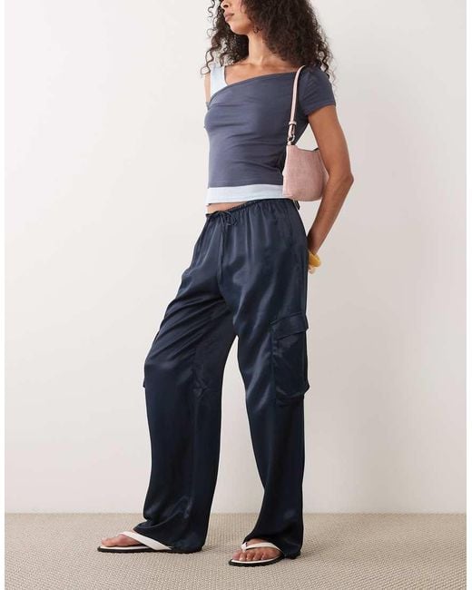ASOS Blue Satin Utility Cargo Pocket Pants