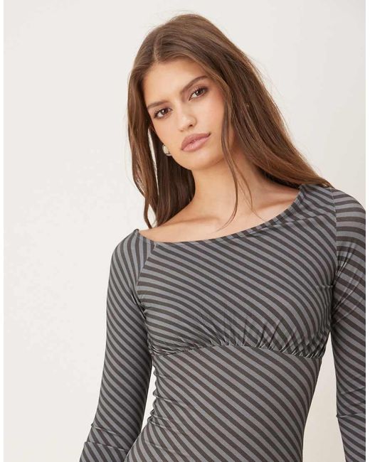 Motel Natural Hongsai Oblique Off Shoulder Long Sleeve Stripe Mini Dress