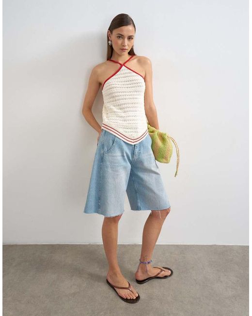 TOPSHOP Blue Knitted Stitchy Halter Top